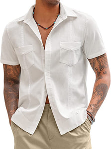 Men's Grey Button Front Cuban Linen Short Sleeve Shirt