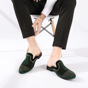 Men's Velvet Leather Green Studded Slip On Shoes