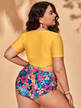 Load image into Gallery viewer, Floral Print  Yellow High Waisted Crop Top Plus Size Swimsuit
