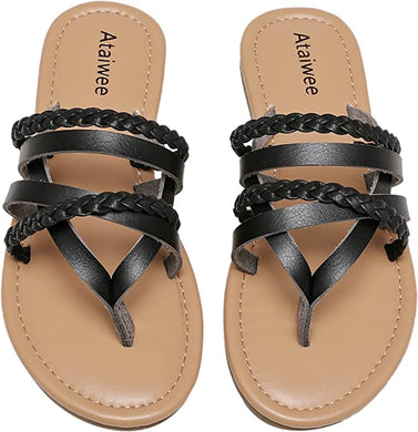 Black Summer Strappy Braided Casual Flat Sandals