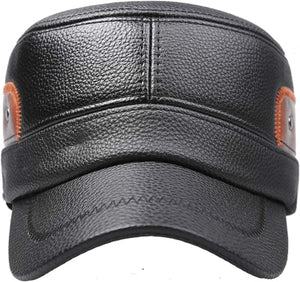 Men's Brown-Black Leather Military Cadet Peaked Cap with Earflap