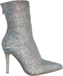 Rhinestone Studded Silver Stiletto Ankle Boots