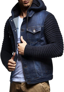Men's Hoodie Denim Jacket with Knitted Sleeves