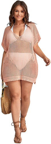 Coral Pink Short Sleeve Plus Size Swimsuit Cover Up