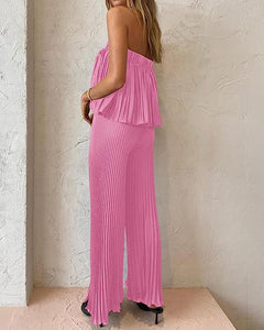 Exclusive Blue Pleated Strapless Wide Leg Jumpsuit