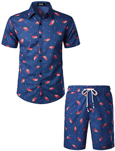 Men's Ash Blue Watermelon Printed Short Sleeve Shorts Set