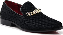 Load image into Gallery viewer, Men&#39;s Black Satin Classic Tuxedo Gold Chain Dress Loafer