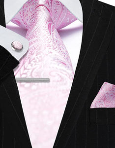 Men's Paisley Light Pink Formal Cufflink Tie Clip Set