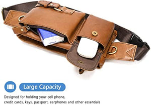 Cowhide Brown Genuine Leather Fanny Pack Waist Bag w/Adjustable Straps