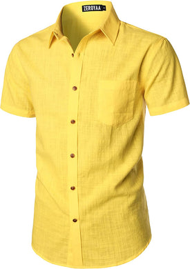 Men's Yellow Linen Button Up Short Sleeve Shirt