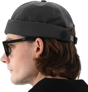 Men's Charcoal Brimless Leather Strap Beanie Cap