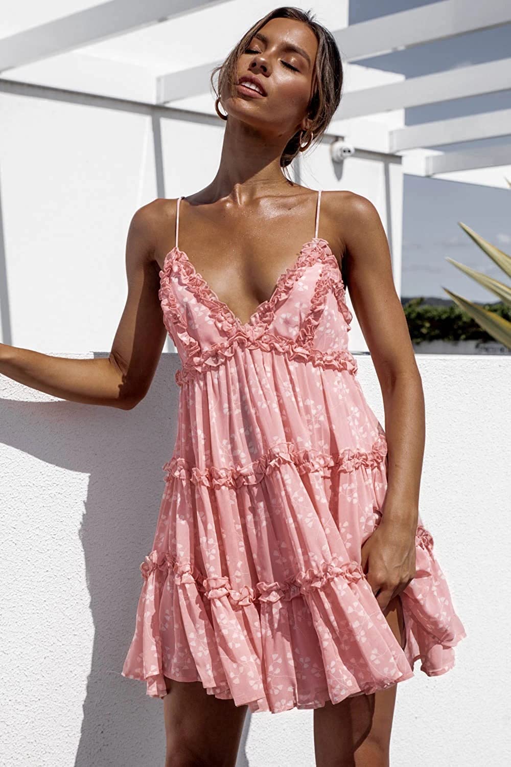 Rose Pink Floral Print Summer Swing Dress