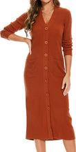 Load image into Gallery viewer, Stellar Caramel Button Down Tea Length Knit Sweater Dress