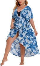Load image into Gallery viewer, Kimono Blue Tie Dye Tie Front Plus Size Long Coverups