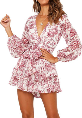 Ruffled Paisley Pink/White Floral Long Sleeve Tie Front Shorts Romper