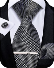 Load image into Gallery viewer, Men&#39;s High Quality Jacquard Silk Silver Diamond Cufflink Tie Clip Set