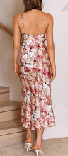 Load image into Gallery viewer, Cowl Neck Wine Floral Satin Spaghetti Strap Midi Party Dress