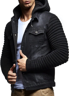Men's Hoodie Denim Jacket with Knitted Sleeves