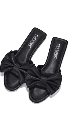 Black Vegan Leather Bow Knit Flat Sandals