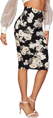 High Waist Black Floral Knee Length Bodycon Pencil Skirt
