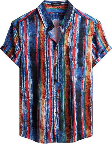 Tricolour Blue Striped Summer Button Down Short Sleeve Shirt