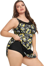 Load image into Gallery viewer, Mesh Spliced Asymmetric Yellow Floral Plus Size Swimsuit
