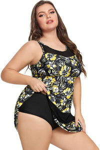 Mesh Spliced Asymmetric Yellow Floral Plus Size Swimsuit
