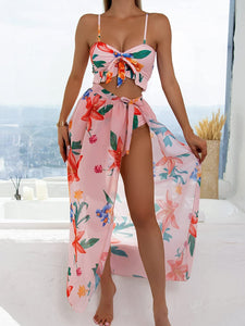Pink Floral 3 Piece High Waisted Swimsuit Cover Up