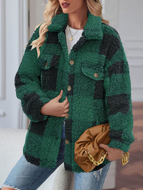 Women's Fleece Green Plaid Sherpa Shacket Outwear with Pockets
