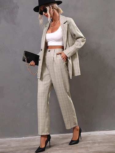 Beautiful Khaki 2pc Plaid Long Sleeve Blazer and Pants Set