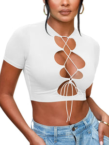 Chesah Lace up Criss Cross Short Sleeve Crop Top