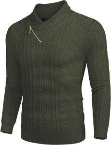 Shawl Collar Army Green Pullover Cable Knitted Sweaters