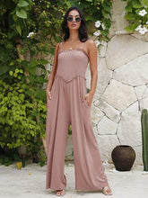 Load image into Gallery viewer, Island Beach Style Khaki Loose Fit Smocked Wide Leg Jumpsuit