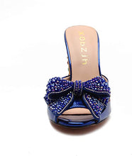 Load image into Gallery viewer, Blue Rhinestone Embellished Women&#39;s Evening Gold Shoes