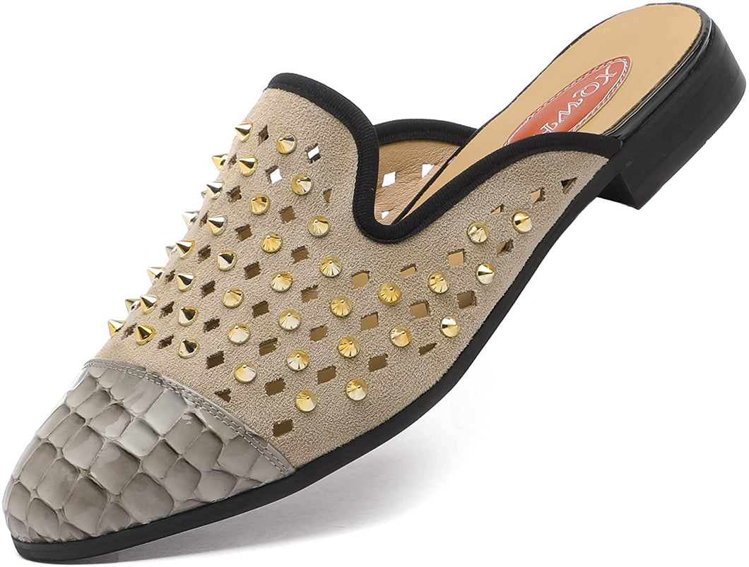Men's Spiked Gold Beige Leather Slip On Loafers