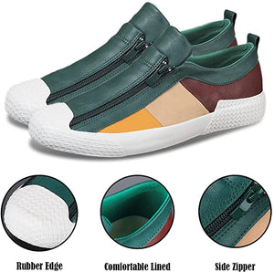 Men's Casual Green/Brown Leather Flat Zipper Sneaker Shoes