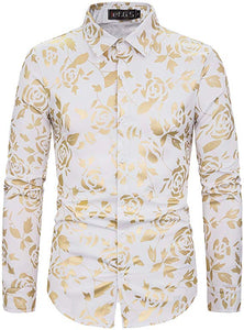 Men's Navy & Gold Rose Printed Long Sleeve Collared Button Down Shirt