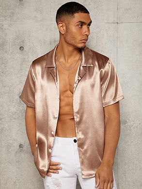Men's Rose Gold Satin Button Up Short Sleeve Shirt