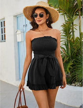 Load image into Gallery viewer, Ruffled Mocha Strapless Tied Shorts Romper