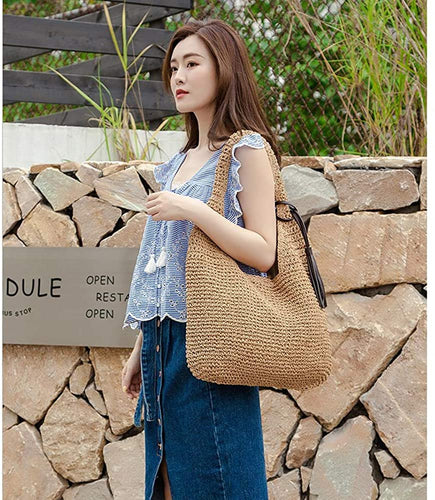 Hand Woven Brown Large Straw Shoulder Bag