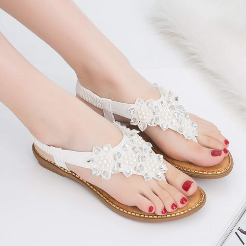 T-Strap Floral White Rhinestone Flip Flops Sandals