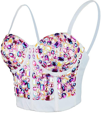 Pink & White Multi-Color Sweetheart Rhinestone Studded Bustier Corset Crop Top