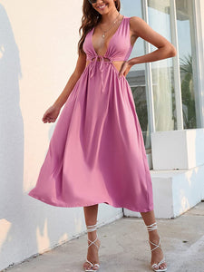 Lost In Cannes Pink Sleeveless Deep V Neck Maxi Dress