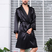 Load image into Gallery viewer, Men&#39;s Black Satin Silk Long Sleeve Robe