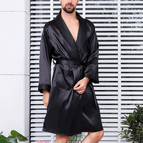 Men's Black Satin Silk Long Sleeve Robe