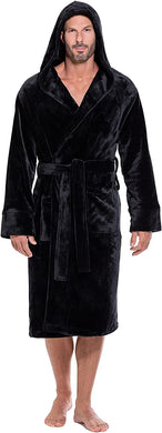 Men's Black Soft Fuzzy Hooded Long Sleeve Robe