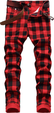 Men's Casual Red Plaid Stylish Denim Pants