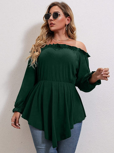 Plus Size Off Shoulder Peplum  Long Sleeve Ruffle Blouse