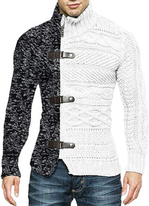 Men's Black/Charcoal High Collar Buckle Long Sleeve Color Block Sweater