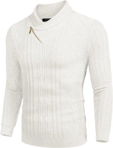 Shawl Collar White Pullover Cable Knitted Men's Sweater